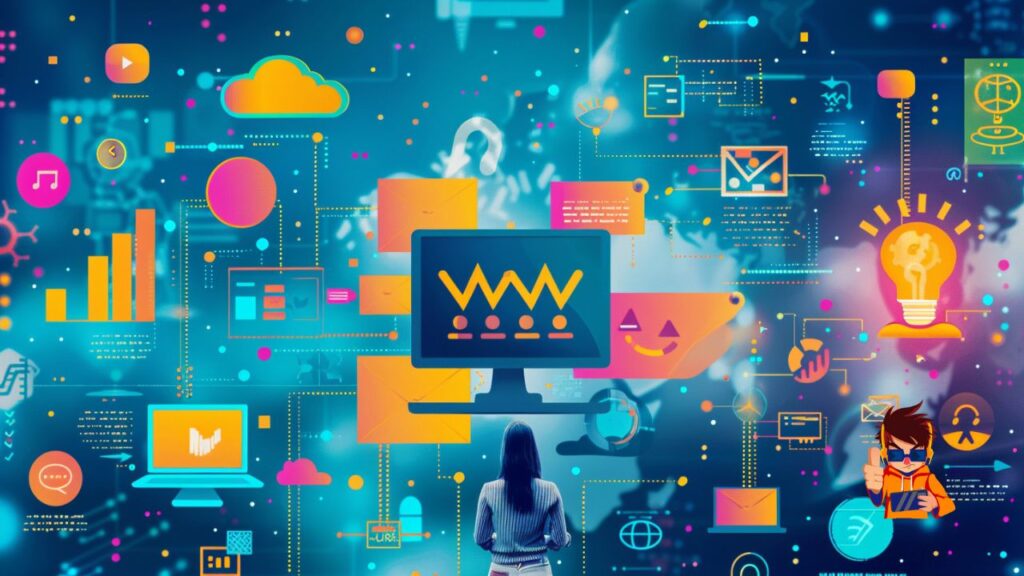 A woman stands before a vibrant digital montage featuring assorted marketing and analytics icons such as graphs, lightbulbs symbolizing ideas, communication bubbles, and multimedia symbols, all set against a dynamic, abstract blue background.