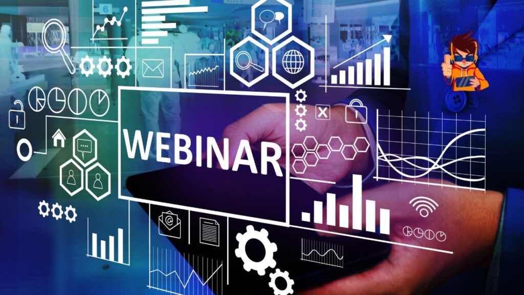 A dynamic and modern virtual event setup with diverse professionals engaging through digital interfaces.