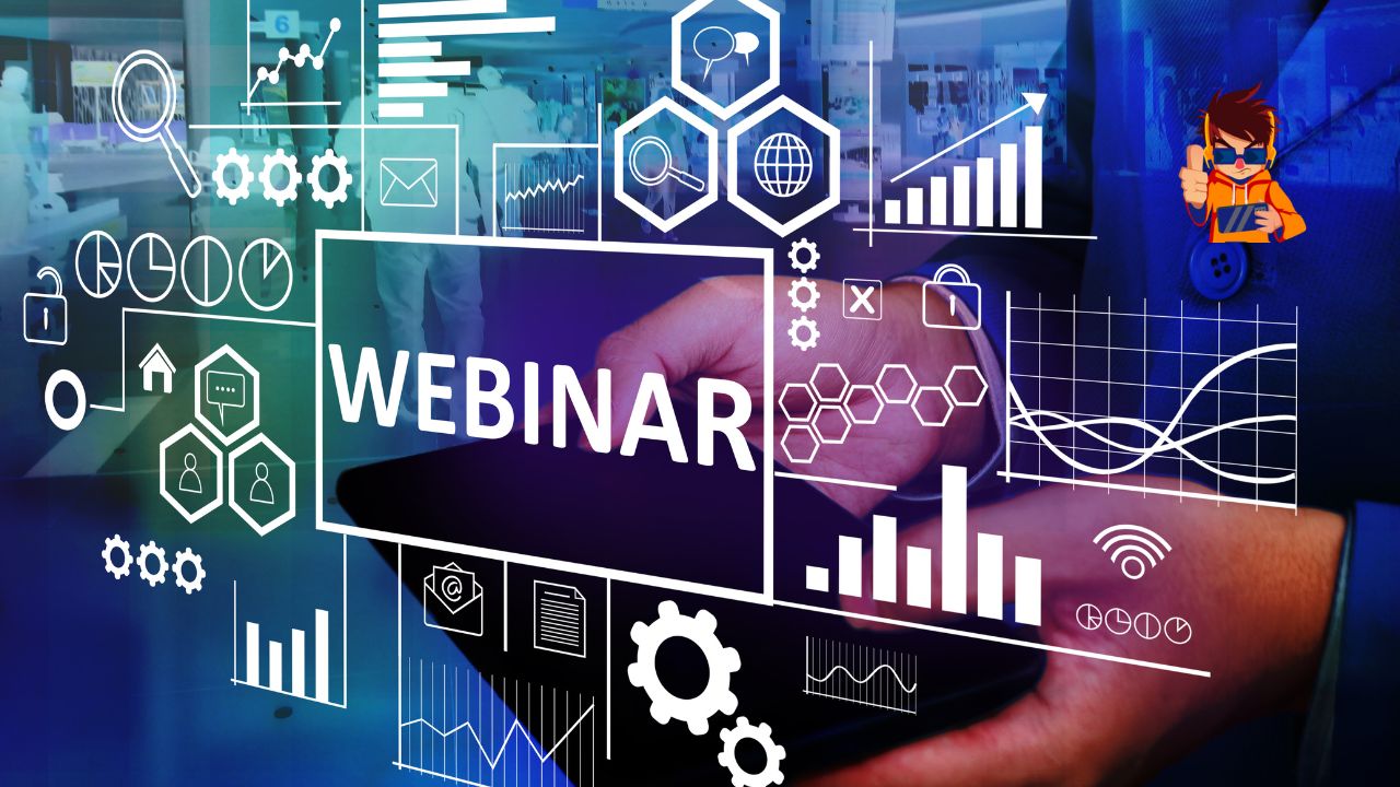 A dynamic and modern virtual event setup with diverse professionals engaging through digital interfaces.