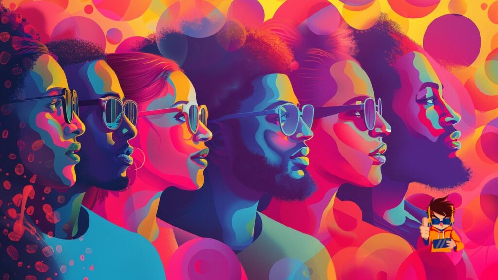 A vibrant depiction of diverse influencers collaborating with a brand, showcasing their unique content creation in a dynamic network.