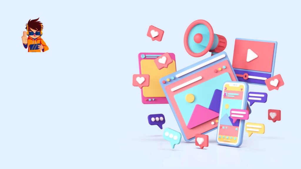 Digital marketing trends 2024 with icons representing AI, influencer marketing, social media, and data analytics.