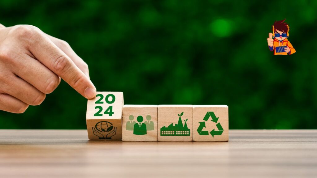 Illustration showing technology innovations like AI, smart cities, and renewable energy driving sustainable practices for a greener future.
