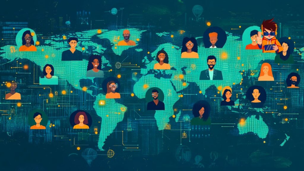 Illustration showing global remote teams collaborating via video conferencing and digital tools, connected across time zones.