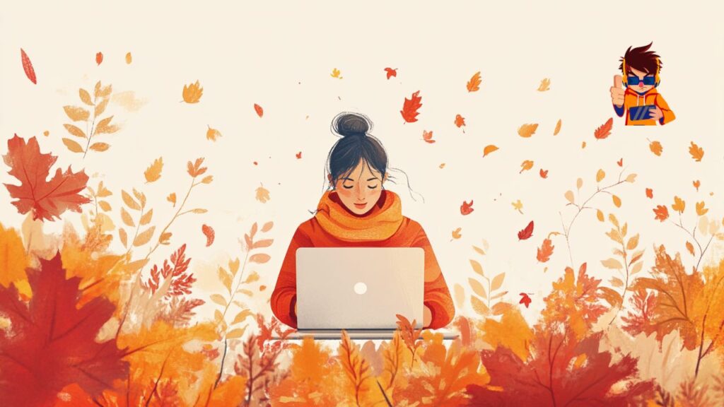 Illustration of a marketer adjusting a digital strategy on a laptop, with fall leaves and seasonal elements around to represent the autumn refresh.