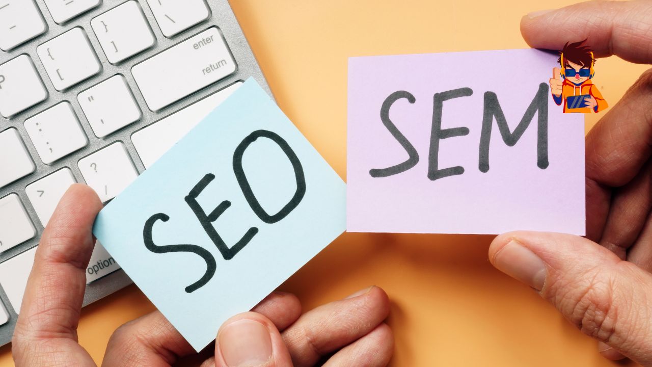 Two hands holding colored cards with 'SEO' written on a blue card and 'SEM' on a purple card, placed over a keyboard. This image represents the comparison between Search Engine Optimization (SEO) and Search Engine Marketing (SEM) strategies.