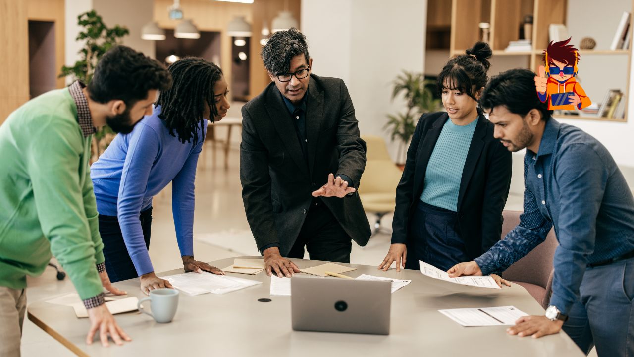 A diverse group of professionals collaborating around a table in a modern office. The central figure, an older man in a suit, is gesturing while explaining a concept, with others attentively listening and engaging. The scene represents teamwork and resilience in a professional environment, drawing inspiration from successful entrepreneurs
