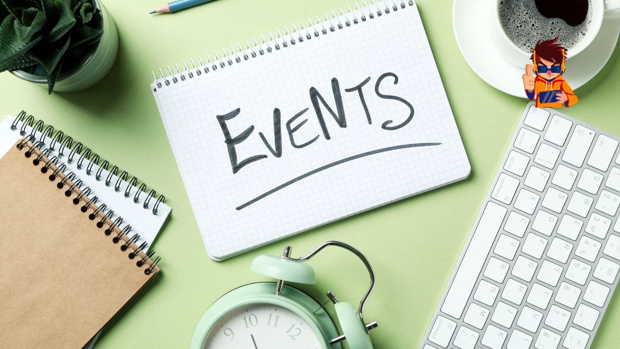 A flat lay of office supplies including a spiral notebook with "EVENTS" written in bold letters, a keyboard, a cup of coffee, a small plant, and an alarm clock on a pastel green background.