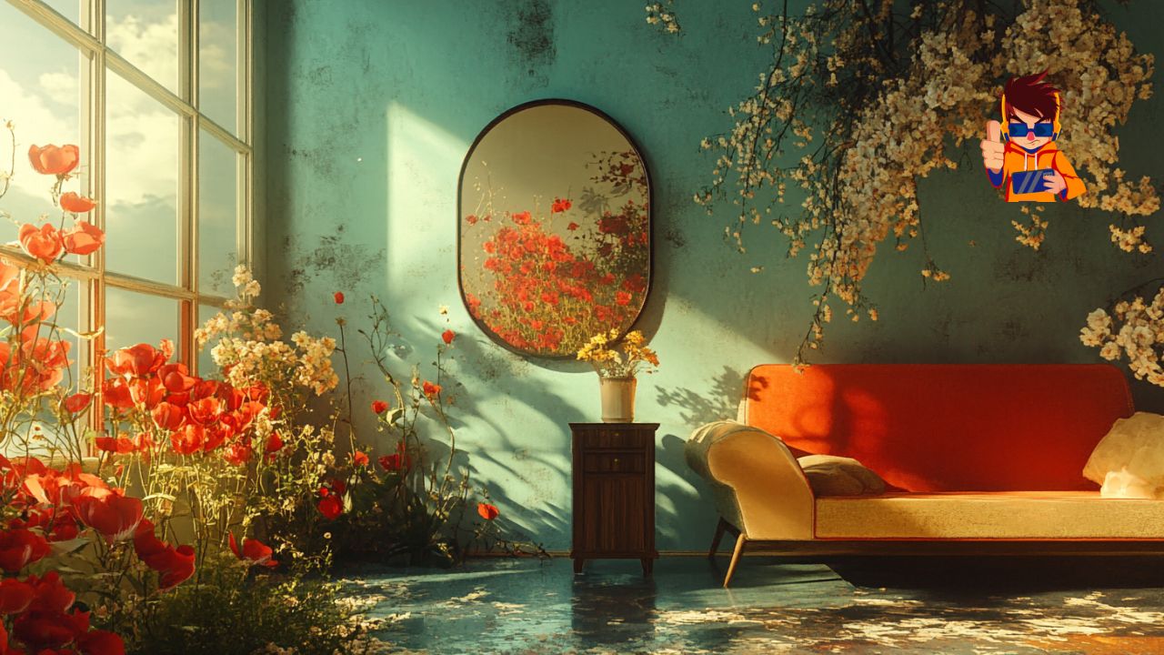 A beautifully designed vintage-inspired room with a turquoise wall, a round mirror reflecting vibrant red flowers, and a retro orange sofa. The space is adorned with blooming red poppies and white blossoms, illuminated by natural sunlight streaming through a large window. The scene captures the charm and allure of vintage aesthetics.