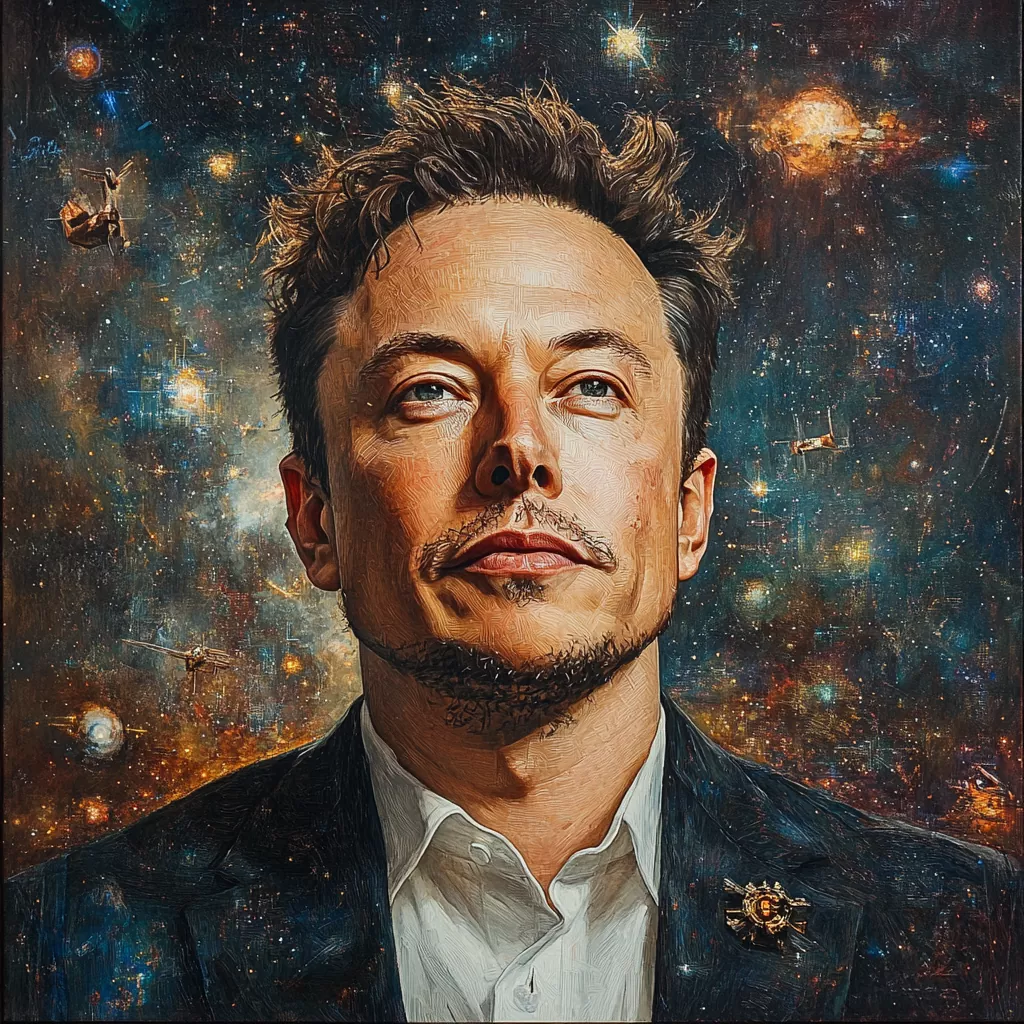 A digitally stylized portrait of a man in a suit, gazing confidently upward, set against a cosmic background filled with stars, galaxies, and satellites, symbolizing exploration and innovation.