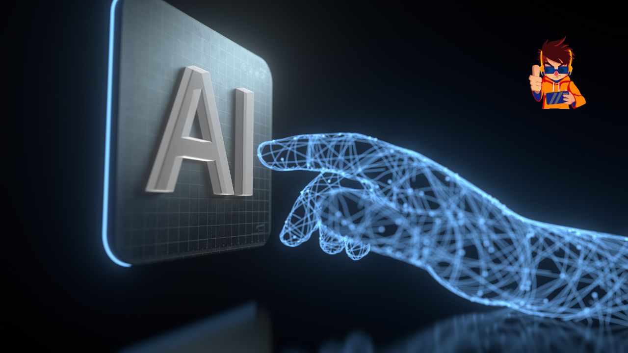 A futuristic, wireframe-style hand reaching out to a glowing "AI" button on a sleek, dark interface, symbolizing the cutting-edge integration of artificial intelligence in technology.