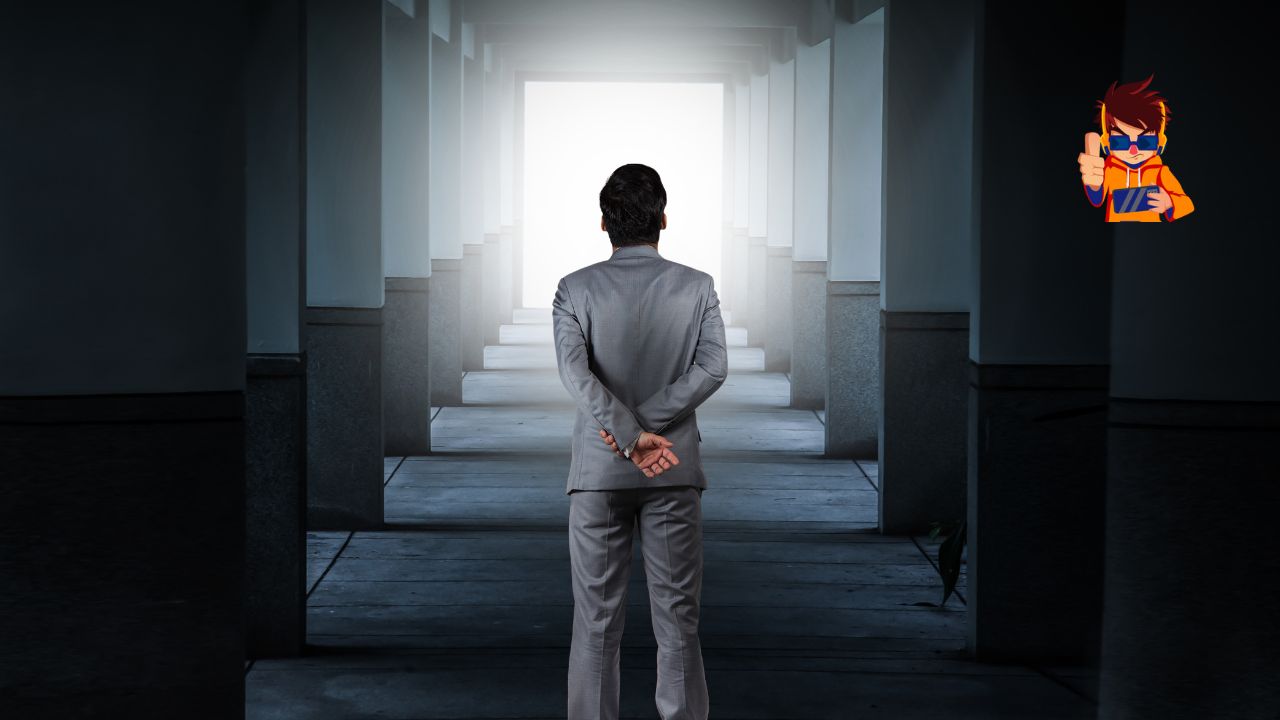 A man in a suit stands with his back to the viewer, facing a long corridor with light shining at the end. The image symbolizes growth, reflection, and the journey through challenges toward leadership and success.