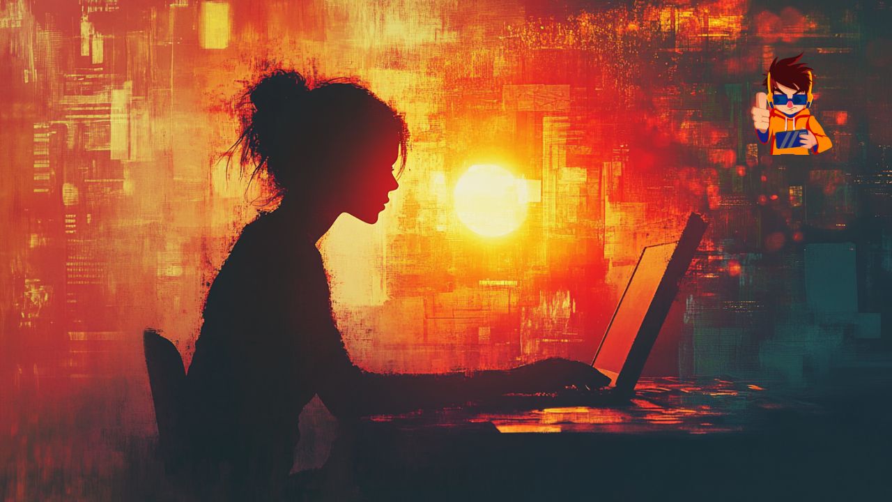 A silhouette of a woman working on a laptop against a vibrant backdrop of abstract digital patterns and a glowing sun, symbolizing focus, creativity, and overcoming challenges.