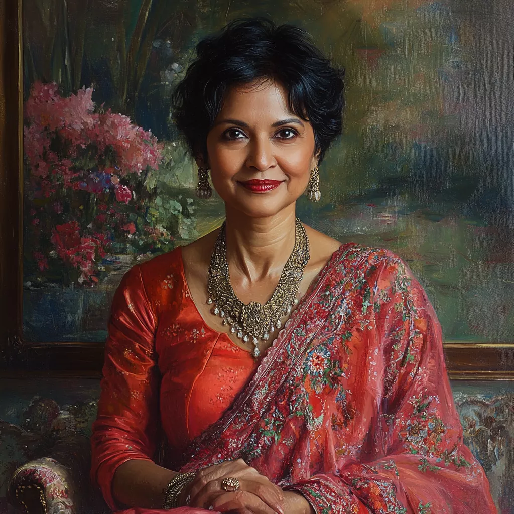 A sophisticated portrait of Indra Nooyi dressed in a vibrant red saree adorned with intricate floral patterns and elegant jewelry, seated against a classic painted backdrop with flowers.