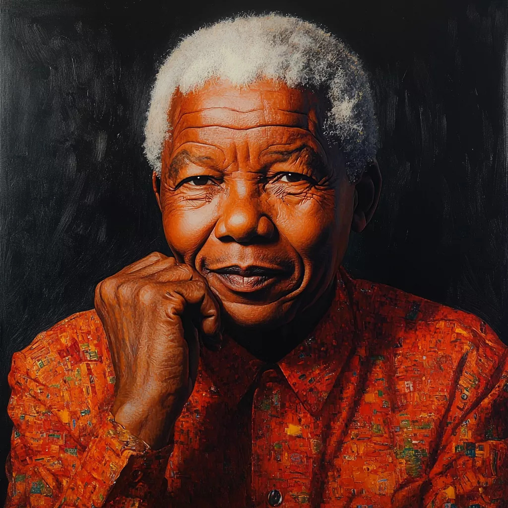 A detailed portrait of Nelson Mandela wearing a vibrant red patterned shirt, smiling gently with his hand resting under his chin against a dark background.