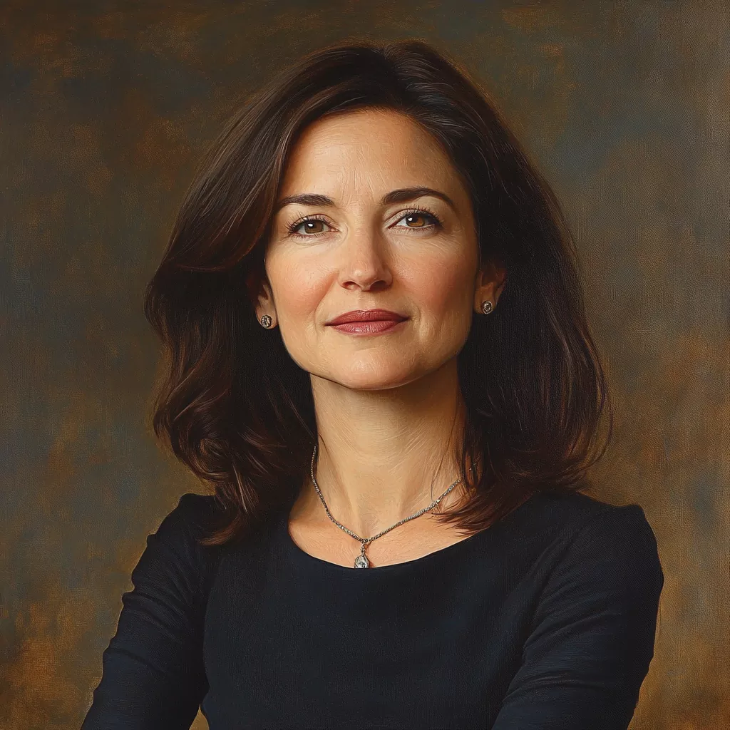 A professional portrait of Sheryl Sandberg wearing a black dress and a silver necklace, exuding confidence with a poised expression against a warm-toned background.
