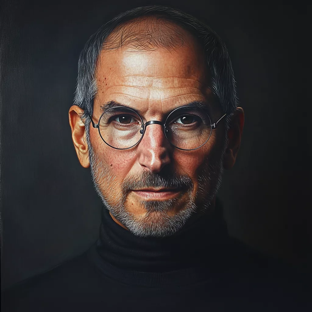 A detailed portrait of Steve Jobs, wearing his iconic black turtleneck and round glasses, exuding focus and determination against a dark background.