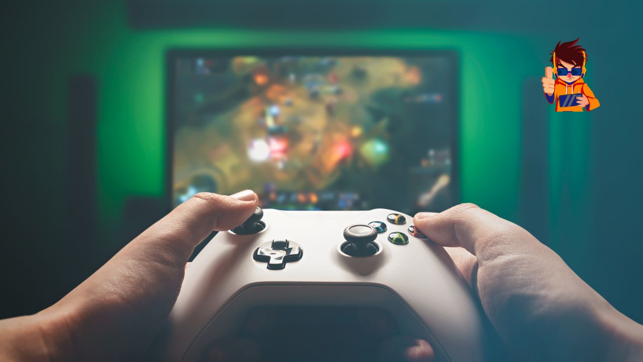 Close-up of hands holding a white video game controller while playing a colorful action game displayed on a screen in the background.