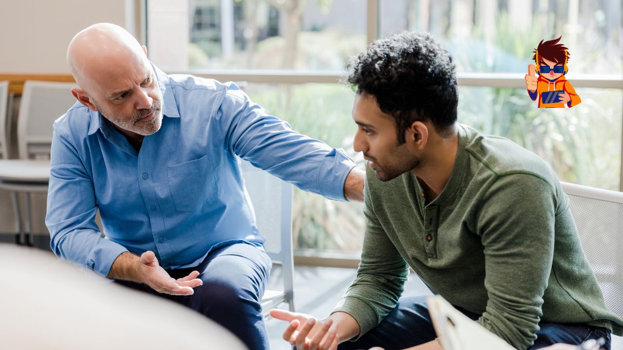A senior man in a blue shirt offering support and advice to a younger man in a green sweater during a one-on-one conversation in a bright office setting.