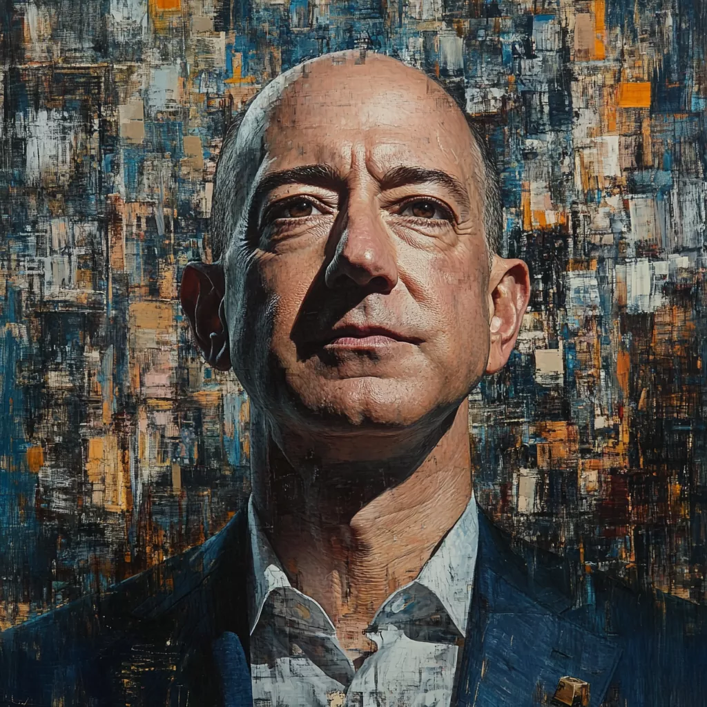 A digitally stylized portrait of a bald man in a suit, set against a textured, abstract background with shades of blue, orange, and white, conveying confidence and authority.