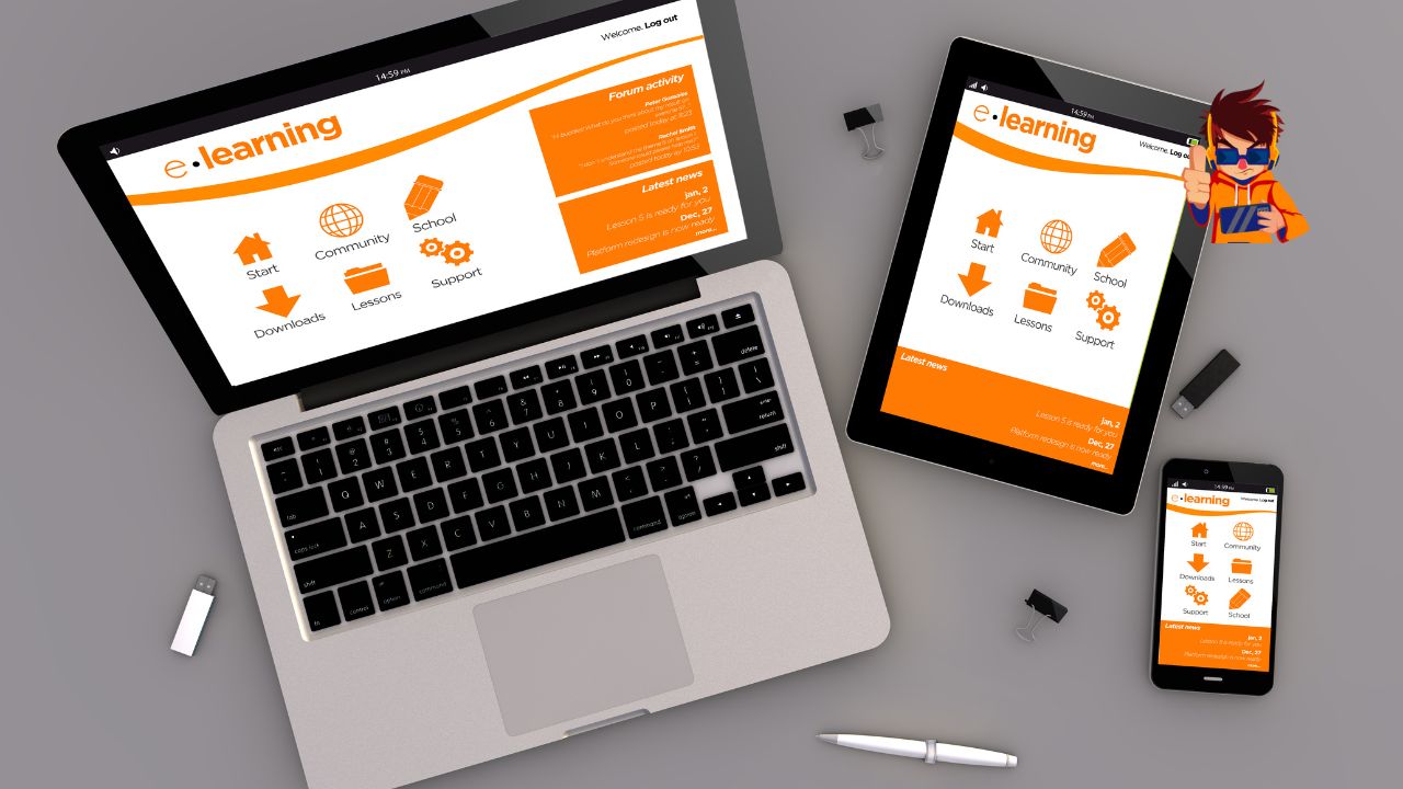 A modern e-learning platform displayed across a laptop, tablet, and smartphone, emphasizing responsive design. The interface is orange and white, featuring icons for downloads, lessons, support, and community. A small gaming-style mascot character is in the upper right corner.