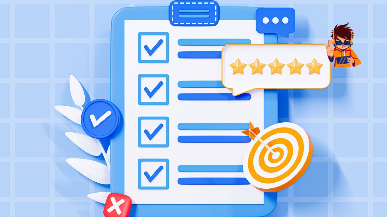 A 3D-rendered digital checklist with blue checkmarks on a clipboard, a five-star review speech bubble, a target with an arrow, and a blue check badge, all on a blue background with a subtle grid pattern.