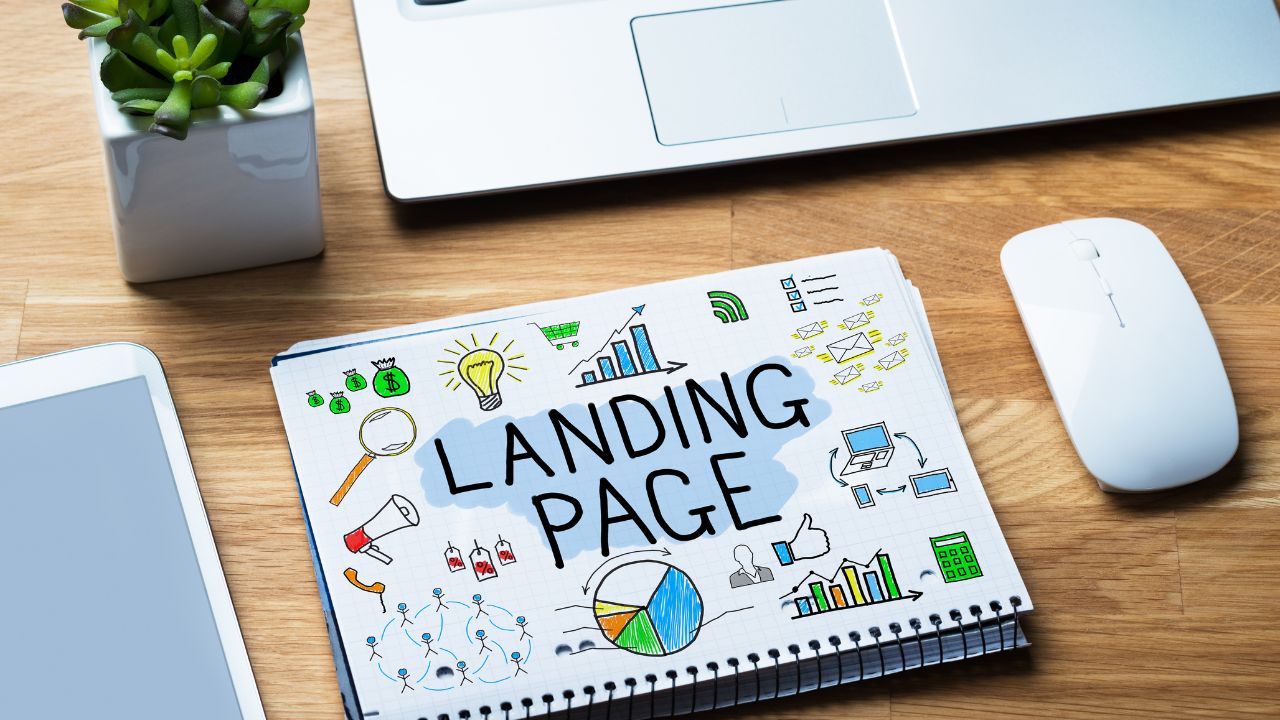 Notebook with colorful marketing doodles and the words "Landing Page" on a wooden desk, surrounded by a laptop, tablet, mouse, and plant.