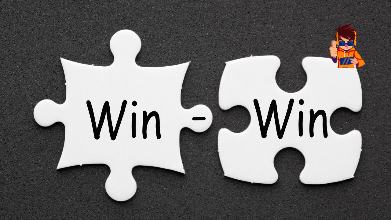 Two interlocking white puzzle pieces on a dark background, each labeled "Win," symbolizing a win-win situation.
