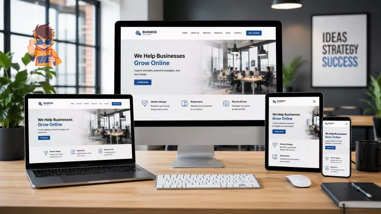 Modern office workspace showing responsive business website on multiple devices