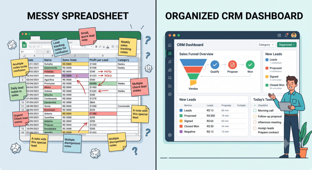 small business needs a CRM Messy spreadsheet lead tracking compared to an organized small business CRM dashboard.