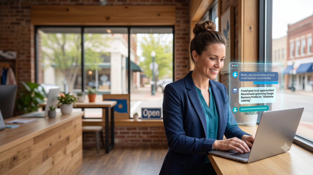 Oklahoma small business owner reviewing AI search results and answer engine optimization on a laptop