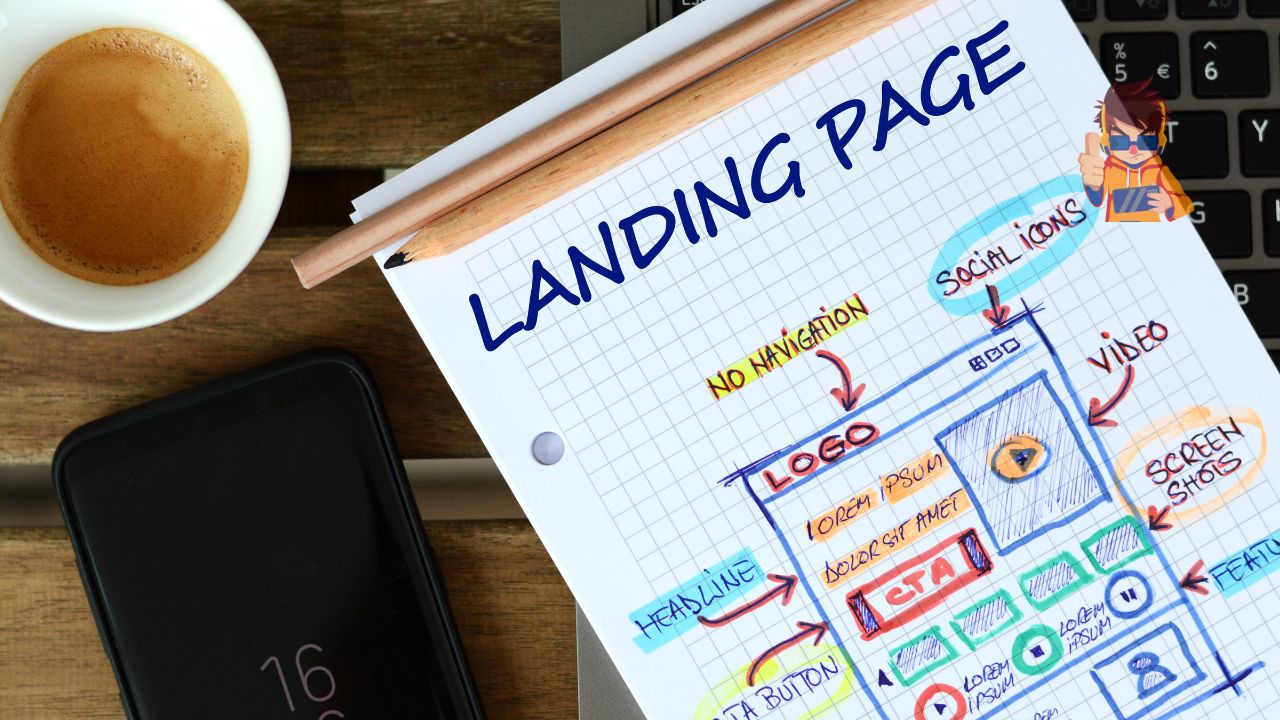 Landing pages wireframe sketch with conversion elements, smartphone, laptop, pencils, and coffee on a wooden desk.