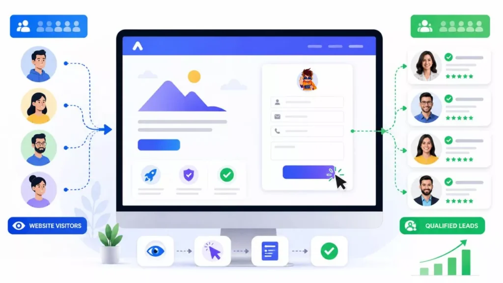 Illustration of website visitors converting into customer leads through forms and calls to action
