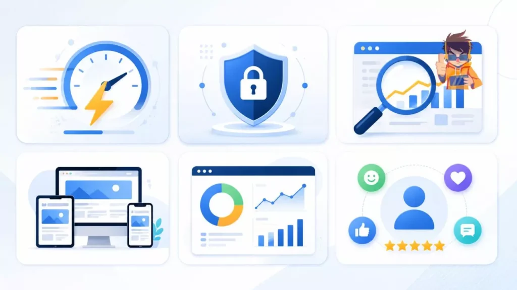 Clean infographic highlighting speed, security, SEO, mobile responsiveness, analytics, and user experience