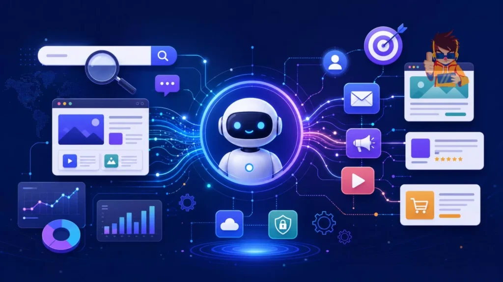 Modern illustration showing AI assistant, search interface, website content, and digital marketing icons connected through data flows to help illustrate and understand What Is GEO.