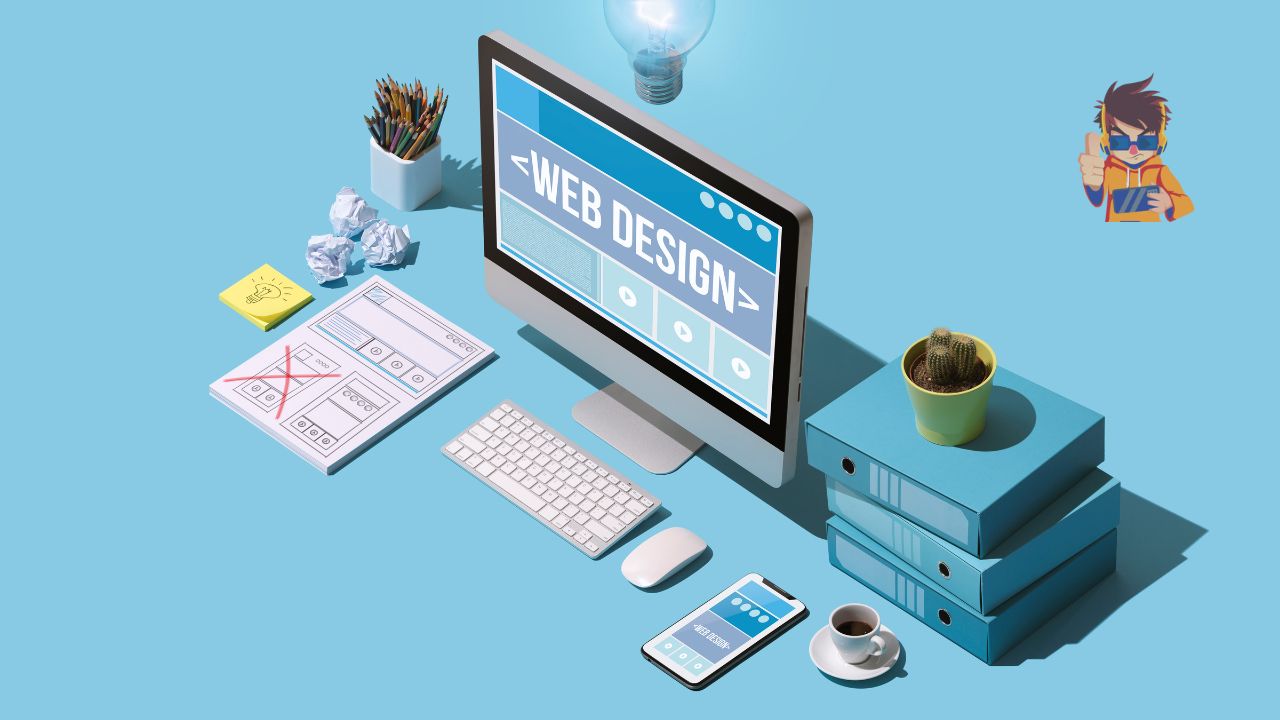 Professional website design workspace with desktop computer, wireframes, keyboard, smartphone, creative tools, and office supplies.