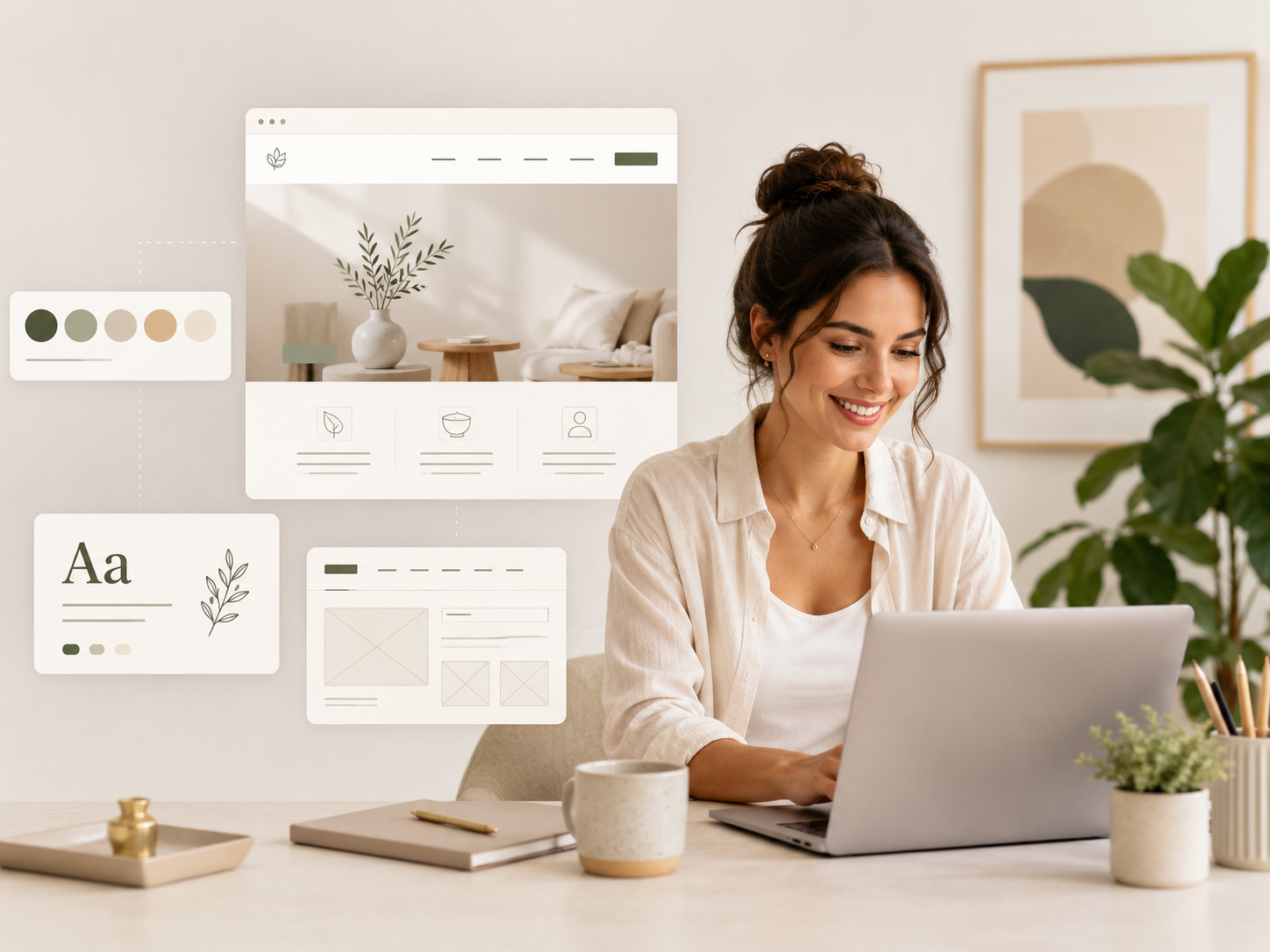 Designer building a custom branded website on a desktop screen
